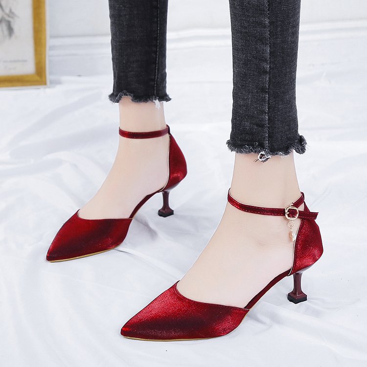 sengpashop Spring and Summer New Korean Style Pointed Toe Pumps Ankle-Strap Buckle Stiletto Heel High Heels Fashion Hollow Women's Shoes Wholesale