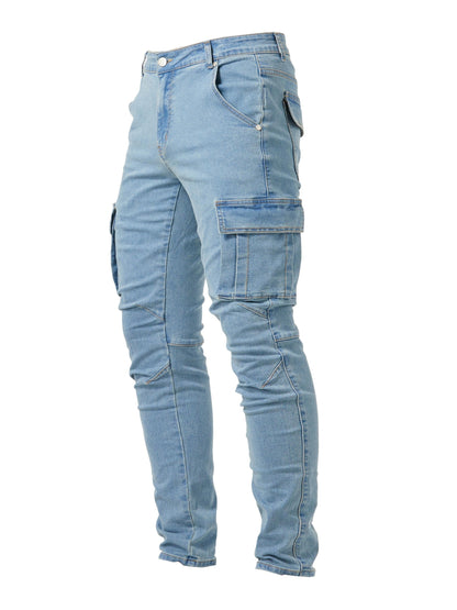 Men's Slim Fit Cargo Jeans - High Stretch Denim Pants with Multiple Pockets for Casual Street Style in Spring and Summer