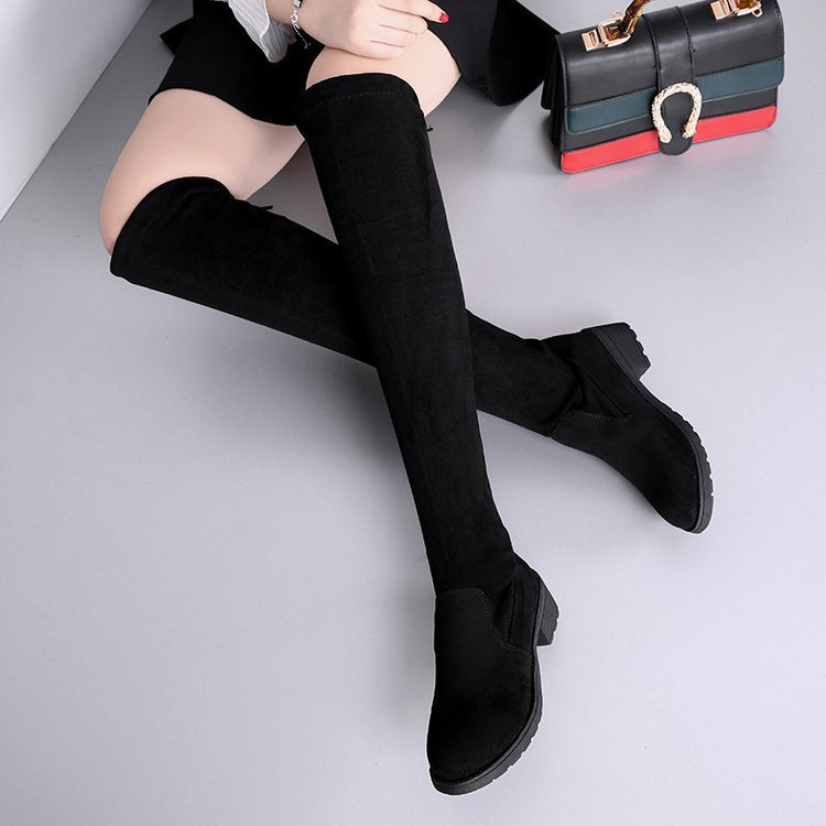 Autumn and Winter New Boots over-the-Knee Flat Mid Heel Korean Style Comfortable Black Slimming Stretch High Boots