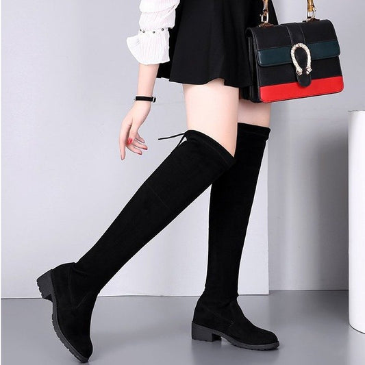 Autumn and Winter New Boots over-the-Knee Flat Mid Heel Korean Style Comfortable Black Slimming Stretch High Boots