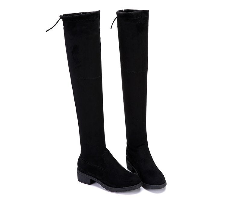 Autumn and Winter New Boots over-the-Knee Flat Mid Heel Korean Style Comfortable Black Slimming Stretch High Boots