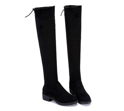 Autumn and Winter New Boots over-the-Knee Flat Mid Heel Korean Style Comfortable Black Slimming Stretch High Boots