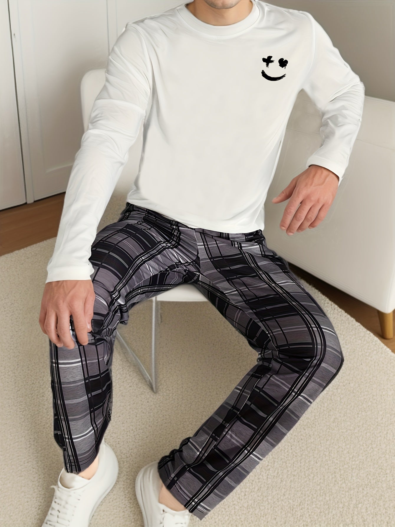 2 Pcs Men's Pajama Sets, Happy Face Pattern Long Sleeves & Plaid Pants, Comfortable & Gentle Style Pajamas For Men's Summer Cozy Loungewear