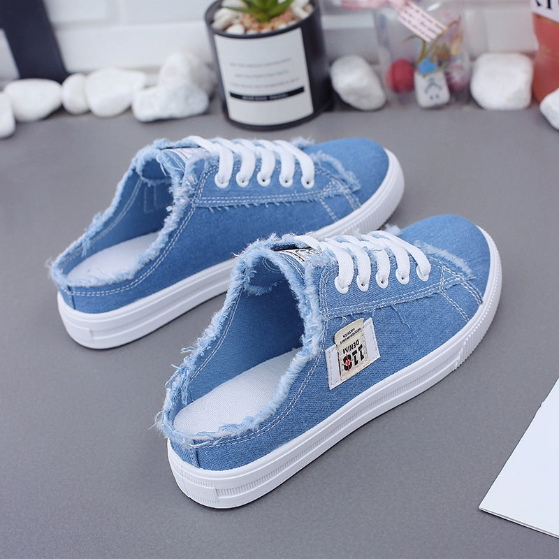 Canvas Shoes New Women's Clothes Spring  Small White Shoes Flat Skate Shoes Lazy Shoes Slip-on Half Support Wholesale