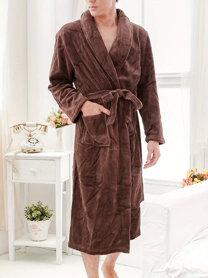 Cozy Mens Solid Fleece Kimono Robe - Luxurious Pajamas Wear with Handy Pockets - Soft Lace-Up Nightrobe Set for Ultimate Warmth After Bath