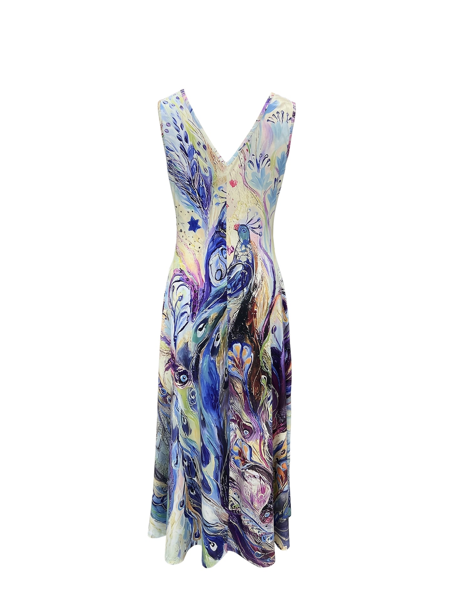 V-Neck Peacock Print Maxi Dress - Glamorous Sleeveless Design for Summer Vacations - Lightweight & Flowy, Perfect Womens Clothing for a Fashionable Getaway