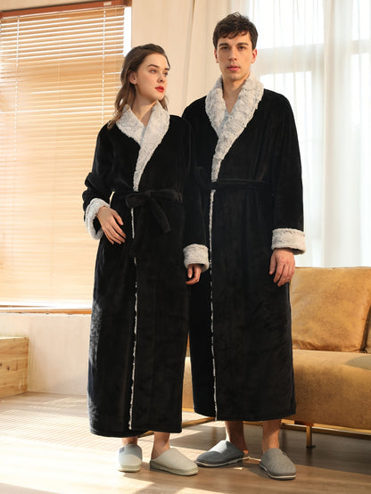 Men's Comfy Solid Fleece Robe Lapel Collar Home Pajamas Wear With Pocket One-piece Lace Up Kimono Night-robe Warm Sets After Bath