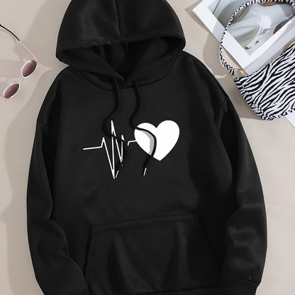 Casual Chic Heart Print Knit Hoodie - Women's Comfy Alphabet Pattern Top for Fall/Winter, Easy-Care & Stretchy