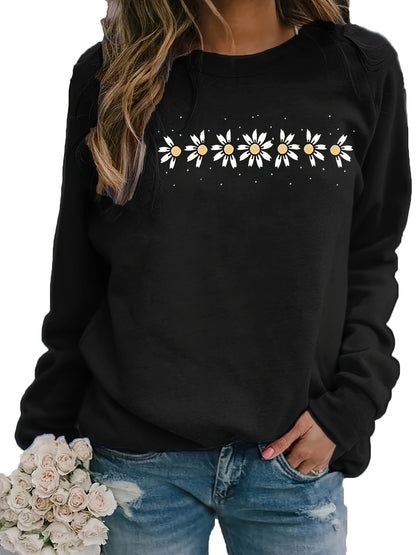 Long Sleeve Crew Neck Floral Print Casual Sweatshirt - Soft Cotton, Slight Stretch, Micro Elasticity, Raglan Sleeve - Perfect for Daily Wear in Spring, Summer, and Fall