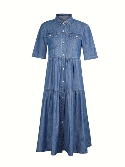 Plain Washed Blue Short Sleeve Button Up Causal Style Loose Fit Maxi Denim Dress, Women's Denim Jeans & Clothing