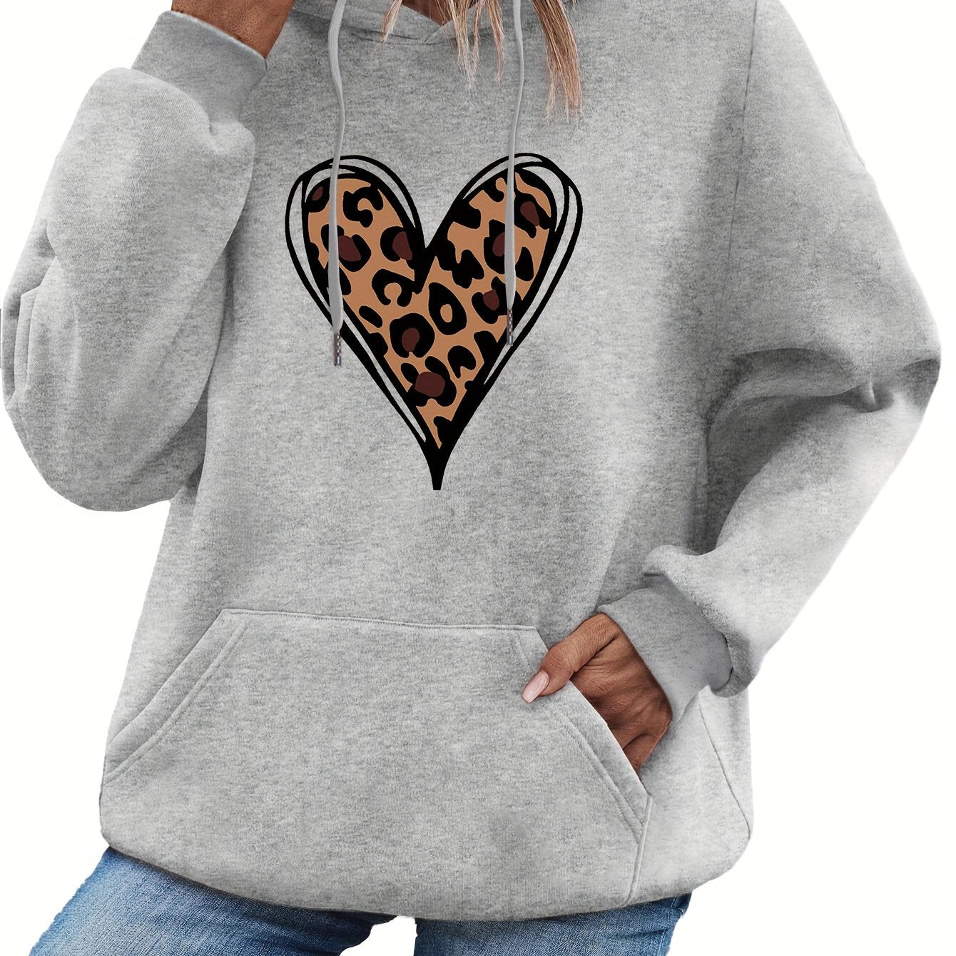 Women's Heart Print Kangaroo Pocket Casual Hoodie - Long Sleeve Drawstring Sweatshirt with Relaxed Fit, Soft Fabric, and Cozy Design for Everyday Wear