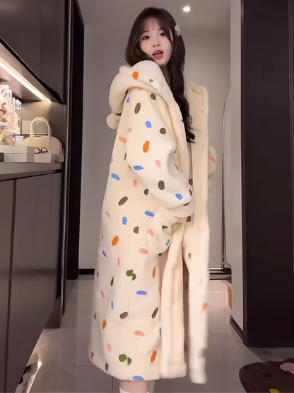 Cute Colorful Dot Pattern Plush Thickened Night Robe, Long Sleeve Button Up Hooded Robe With Pockets, Women's Sleepwear & Dresses For Fall/ Winter