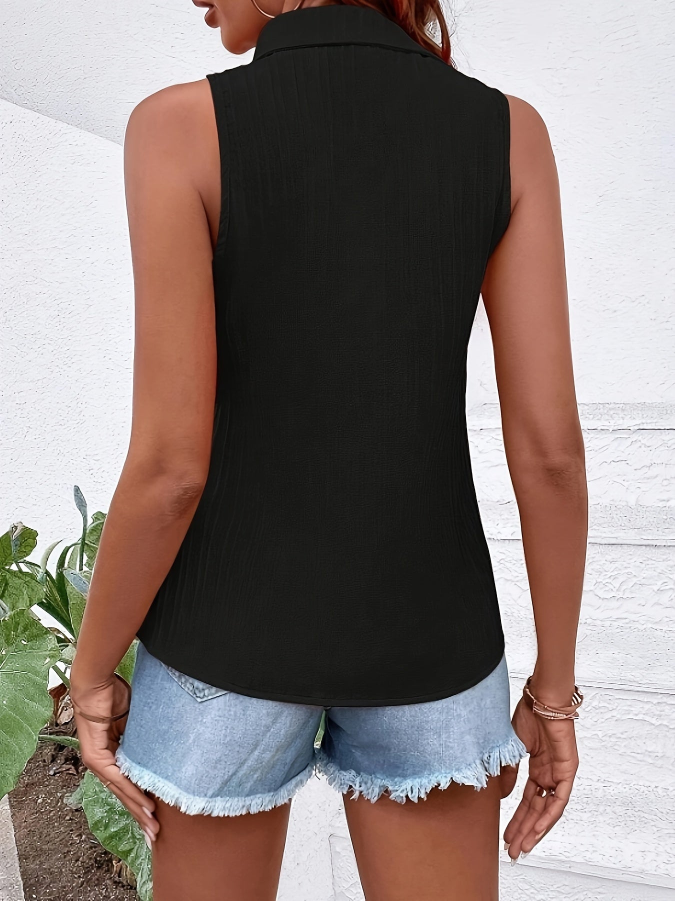 Button Front Collar Tank Top, Casual Sleeveless Textured Top For Summer, Women's Clothing