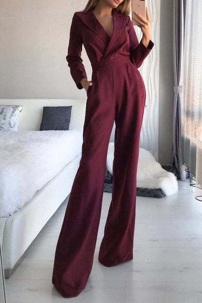 Fashion Elegant Solid Patchwork Turndown Collar Straight Jumpsuits