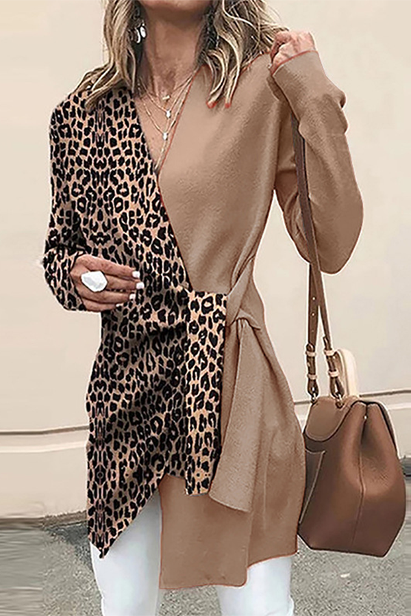 Casual Elegant Leopard Patchwork Strap Design V Neck Outerwear(4 Colors)