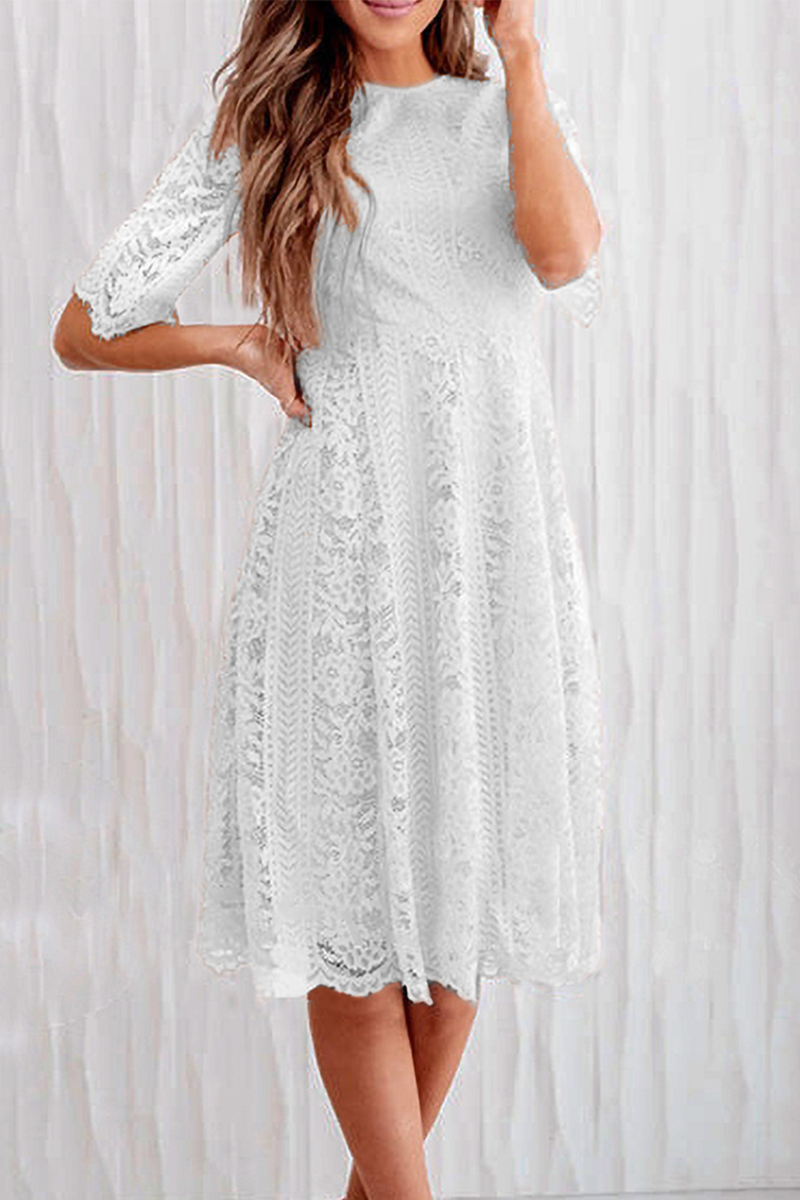 Casual Solid Lace O Neck Cake Skirt Dresses