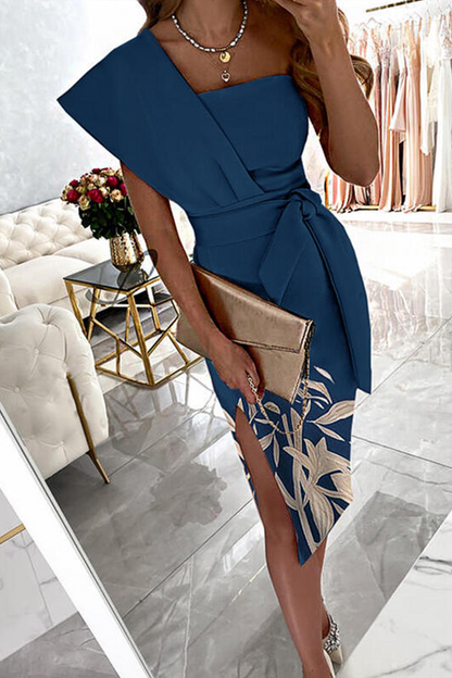 Casual Print Split Joint One Shoulder Pencil Skirt Dresses(4 colors)