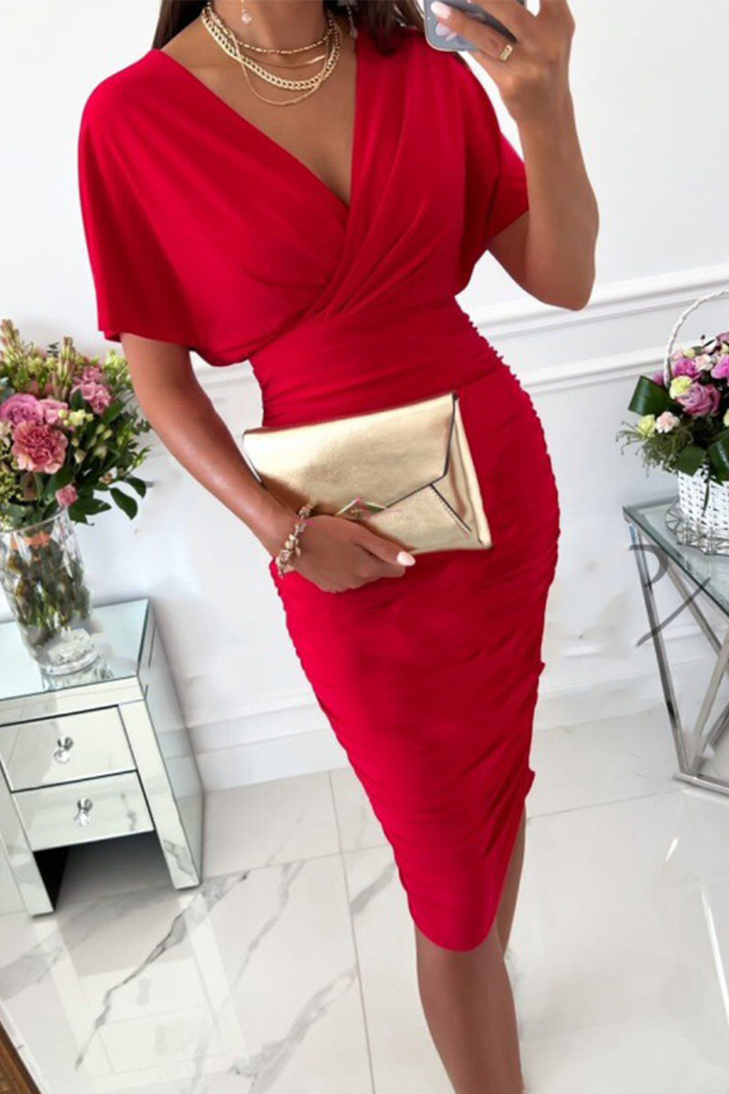 Fashion Solid Split Joint V Neck Waist Skirt Dresses(5 colors)