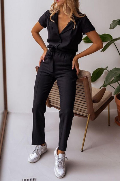 Casual Solid Patchwork Turndown Collar Regular Jumpsuits