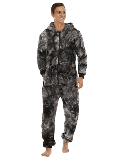 Mens Trendy Tie Dye Hooded Jumpsuit - Ultra-Soft Fleece Loungewear with Full Zipper - Cozy Home Pajamas for Ultimate Comfort