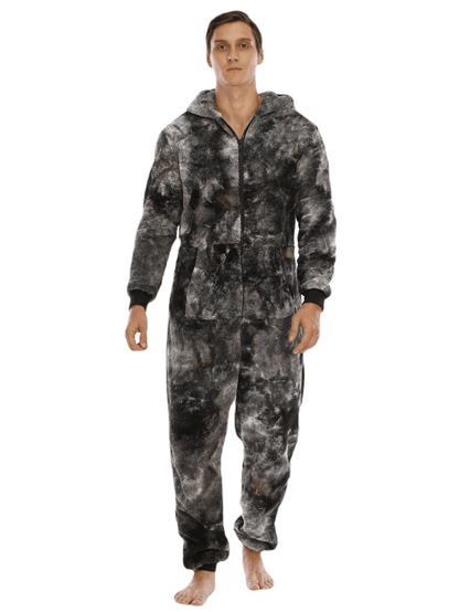 Mens Trendy Tie Dye Hooded Jumpsuit - Ultra-Soft Fleece Loungewear with Full Zipper - Cozy Home Pajamas for Ultimate Comfort