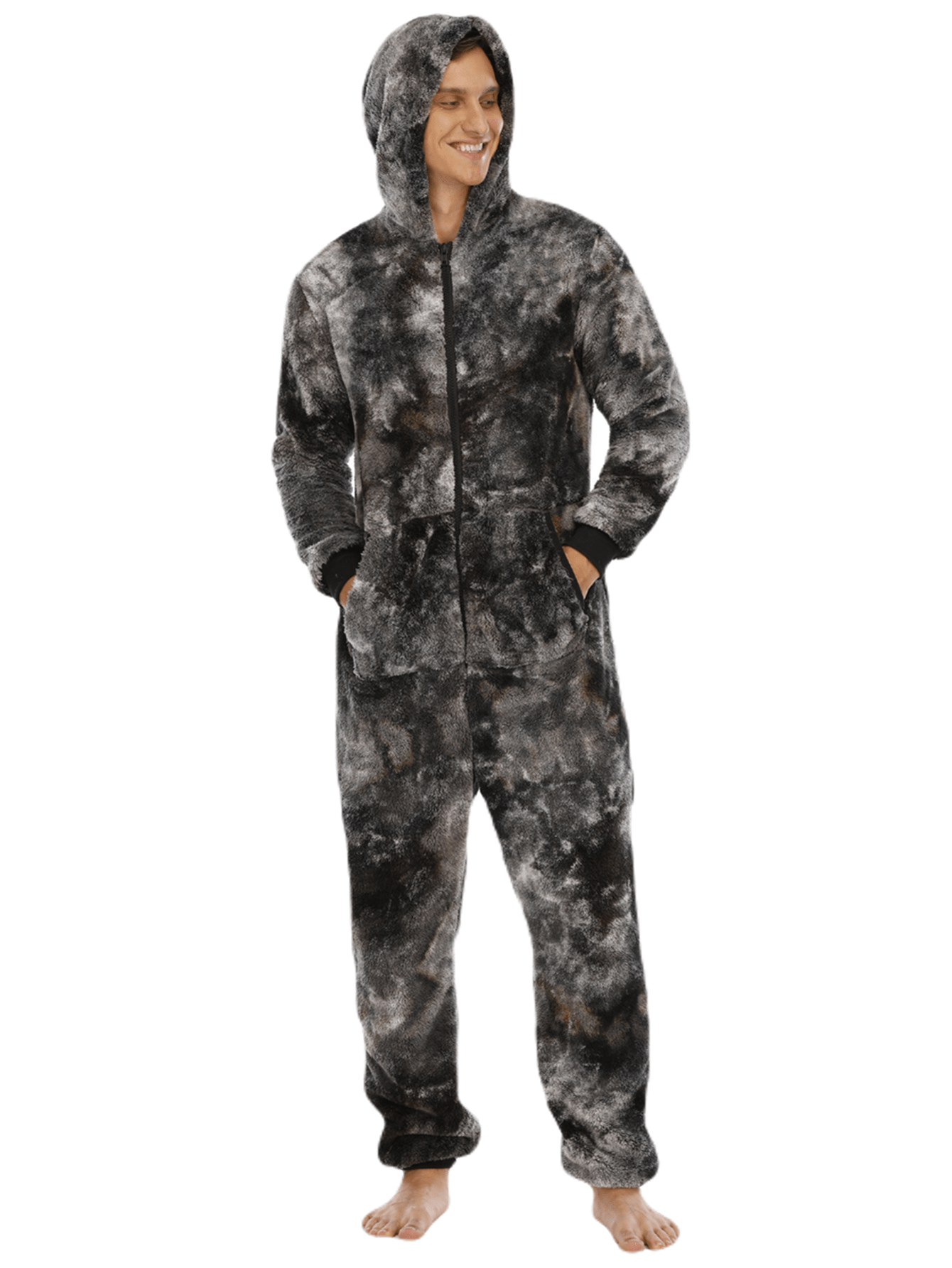 Mens Trendy Tie Dye Hooded Jumpsuit - Ultra-Soft Fleece Loungewear with Full Zipper - Cozy Home Pajamas for Ultimate Comfort