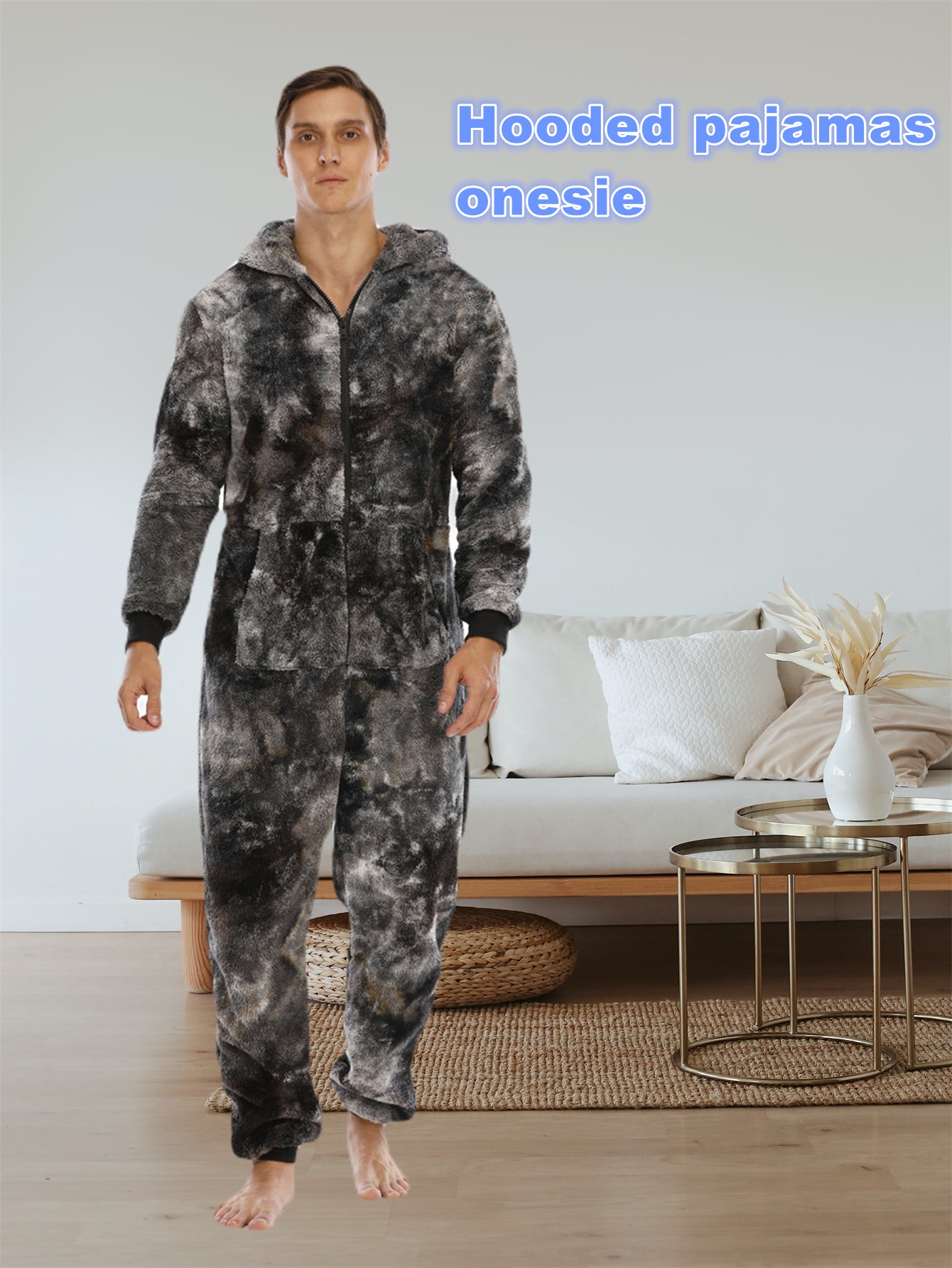 Mens Trendy Tie Dye Hooded Jumpsuit - Ultra-Soft Fleece Loungewear with Full Zipper - Cozy Home Pajamas for Ultimate Comfort