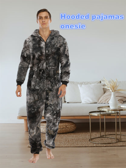 Mens Trendy Tie Dye Hooded Jumpsuit - Ultra-Soft Fleece Loungewear with Full Zipper - Cozy Home Pajamas for Ultimate Comfort