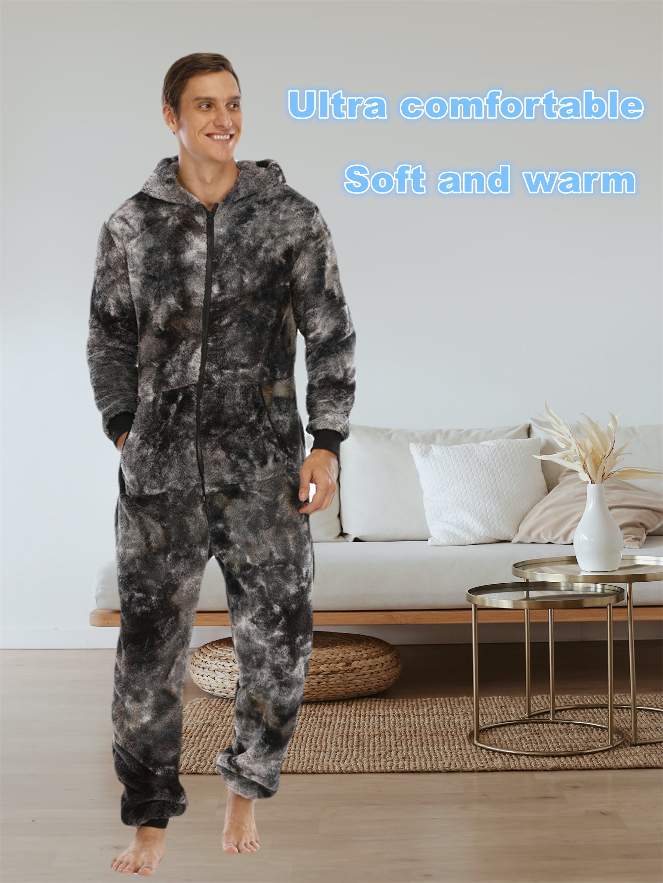 Mens Trendy Tie Dye Hooded Jumpsuit - Ultra-Soft Fleece Loungewear with Full Zipper - Cozy Home Pajamas for Ultimate Comfort