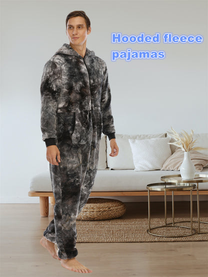 Mens Trendy Tie Dye Hooded Jumpsuit - Ultra-Soft Fleece Loungewear with Full Zipper - Cozy Home Pajamas for Ultimate Comfort