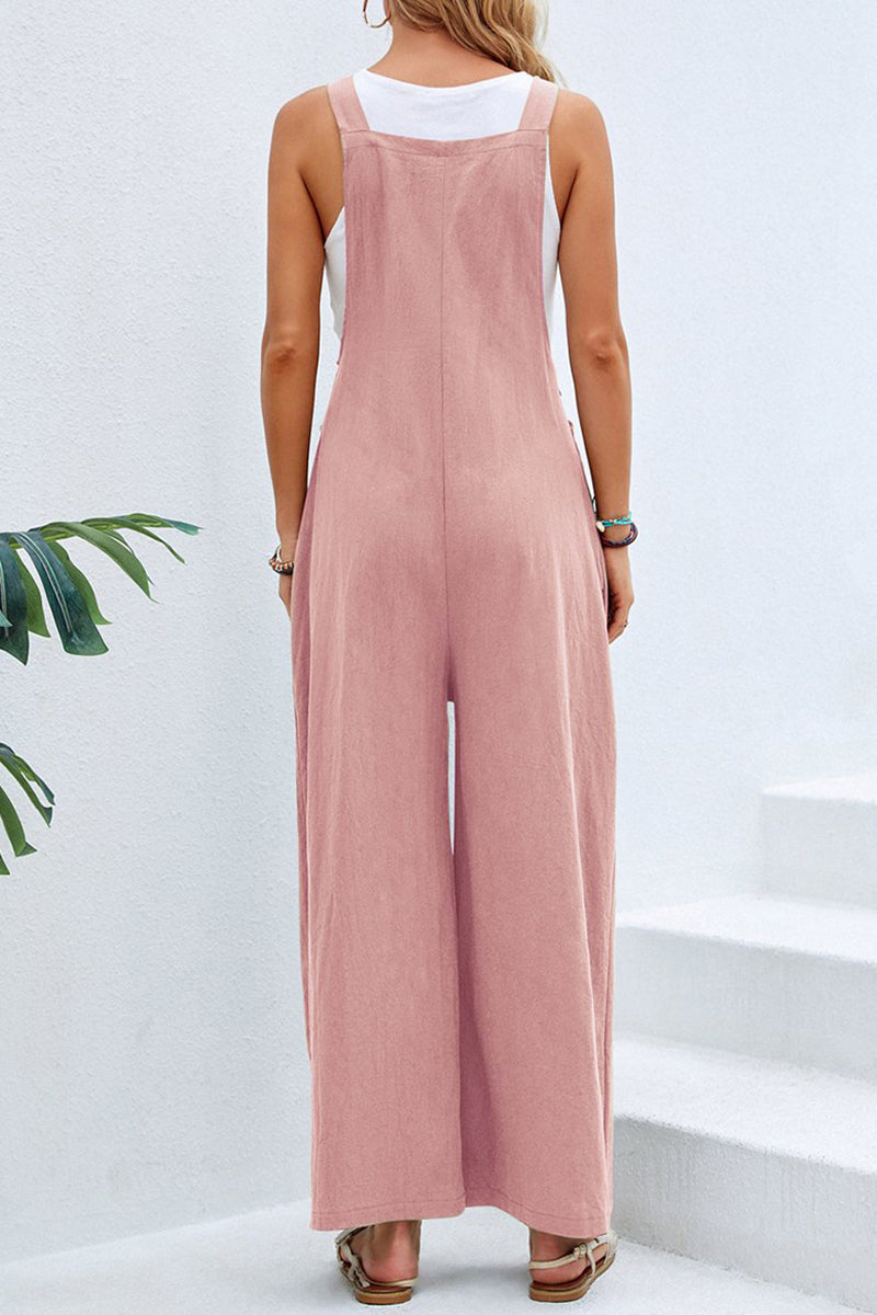 Casual Vacation Solid Buttons Square Collar Loose Jumpsuits(10 Colors)