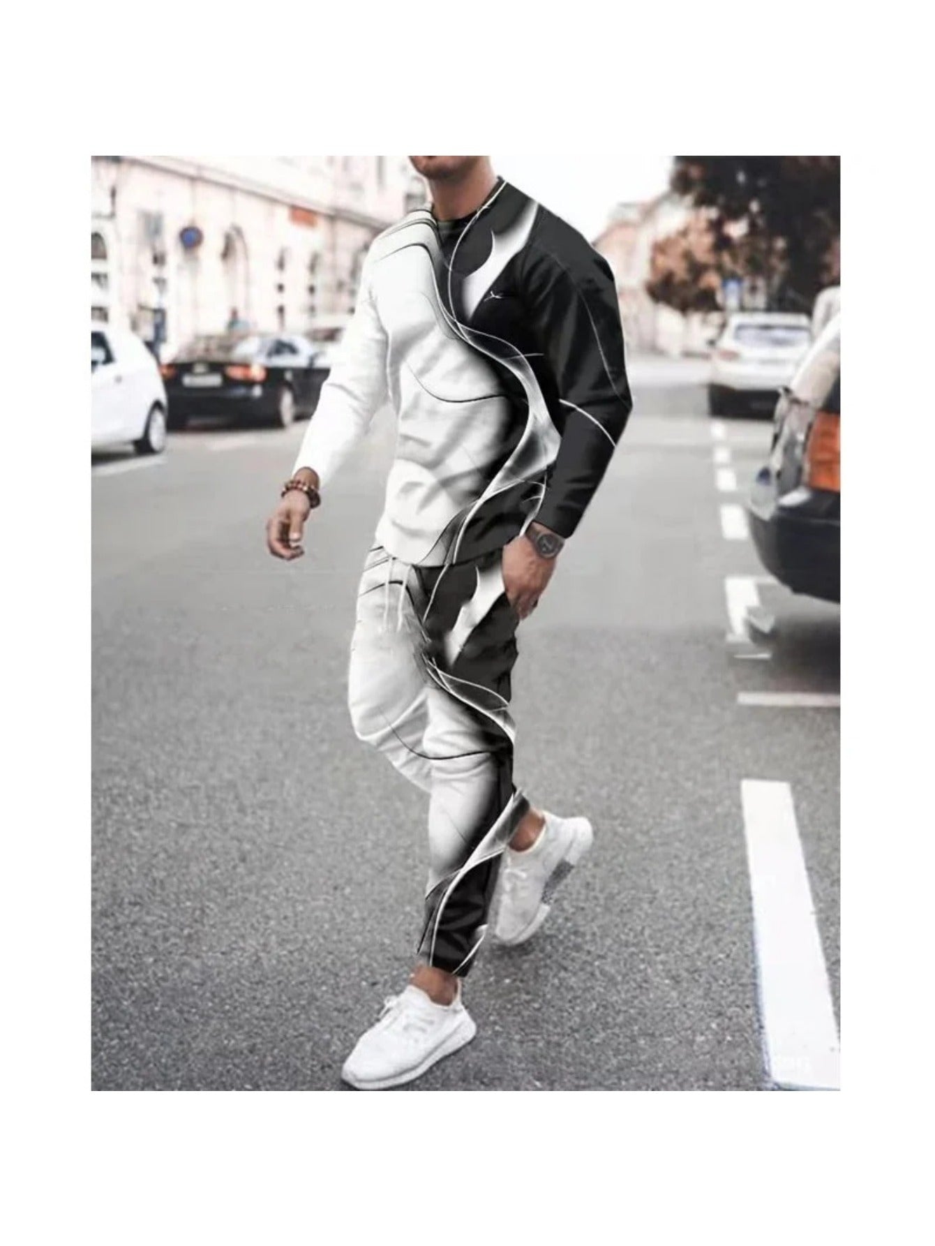 Men's Fashion Novelty Pajamas Loungewear Set, Sweatshirts And Sweatpants Set, Long Sleeve Round Sweatshirts Jogger Pant 2 Piece Outfits For Men