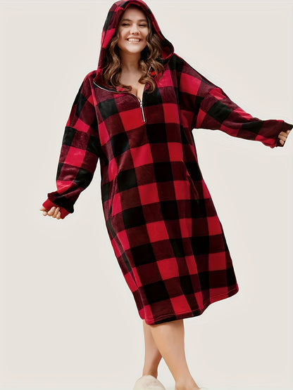 Cozy Plus Size Fleece Robe - Soft Plaid Print Nightgown for Women, Casual Zip-Front Hooded Sleepwear with Pockets, Long-Sleeve Wearable Blanket for Fall and Winter, Ultra-Comfortable and Warm Sleepshirt