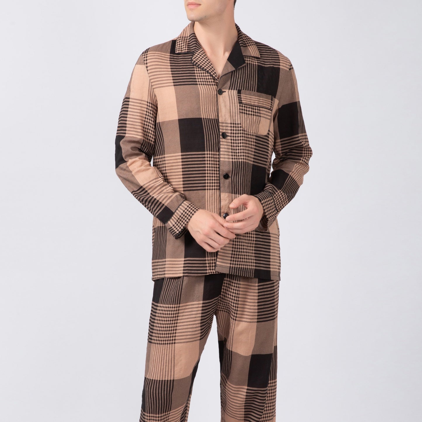 Men's Casual Plaid Pajamas Sets, Long Sleeve Lapel Neck Shirt & Loose Pants Lounge Wear, Home Indoor Sets For Winter Autumn