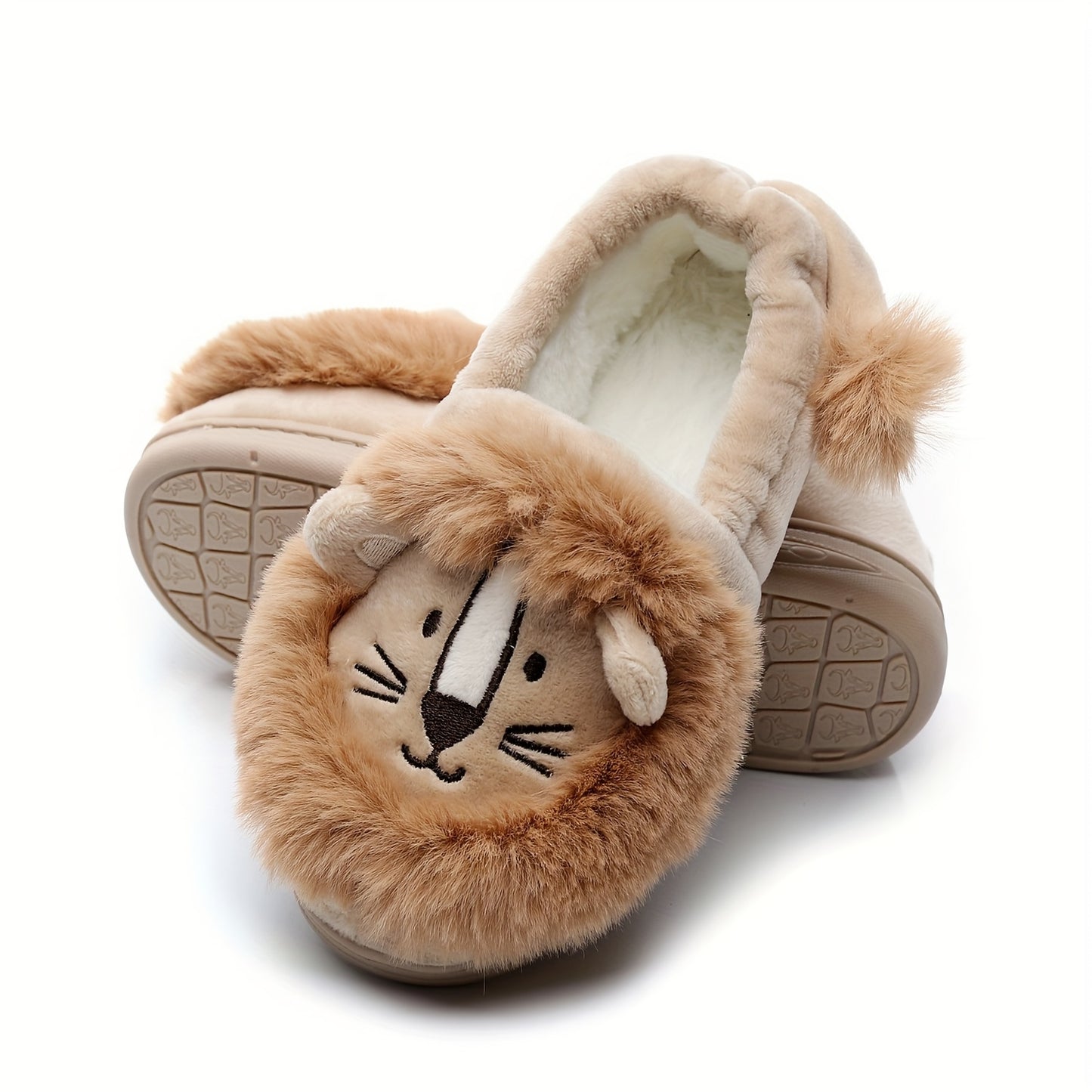 Cozy Lion Pattern Furry Slip-On Shoes for Boys - Soft, Comfy, Non-Slip, Thermal Indoor Footwear with Warm Fleece Lining for Cold Winter Days - Ideal for Kids' Everyday Wear