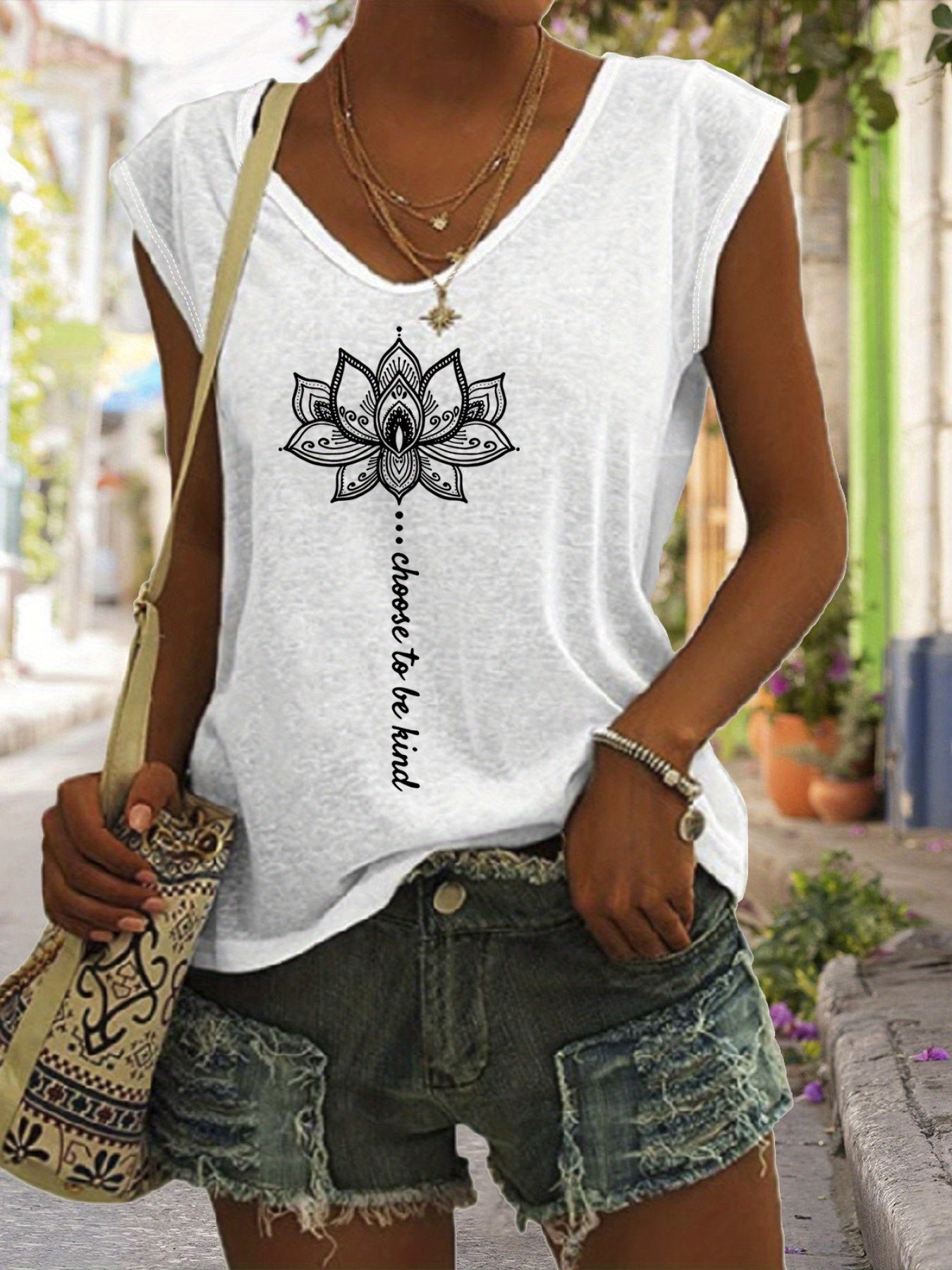 Lotus Print V Neck Tank Top, Cap Sleeve Casual Top For Summer & Spring, Women's Clothing