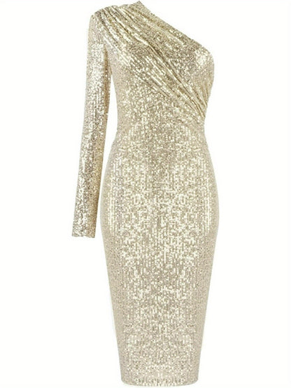 Shimmering Contrast Sequin Glam Dress - Long Sleeve Ruched Bodycon for Spring & Fall - Fashionable Womens Closet Staple