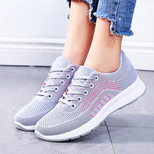 Spring and Autumn Trends Flyknit Breathable Women's Casual Sneaker Neutral round Head Lace-up Mesh Shoes Soft Bottom Women's Travel Shoes