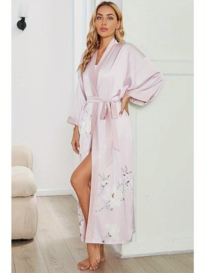 Luxurious Long Silk Kimono Robe - Soft Polyester V-Neck Casual Dressing Gown with Floral Print - Hand Wash Only, Perfect for Wedding, Bridesmaid, Sleepwear, and All-Season Use