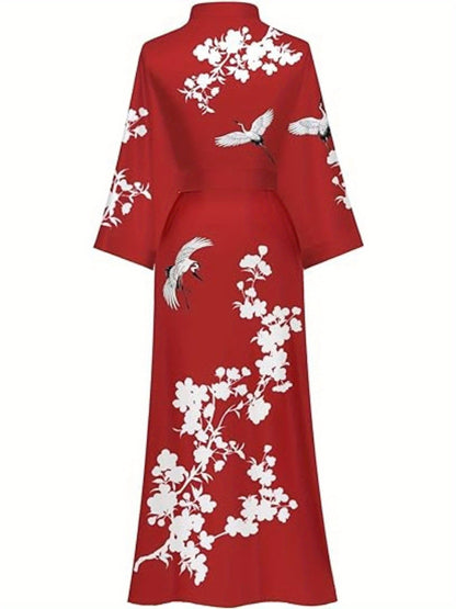 Luxurious Long Silk Kimono Robe - Soft Polyester V-Neck Casual Dressing Gown with Floral Print - Hand Wash Only, Perfect for Wedding, Bridesmaid, Sleepwear, and All-Season Use