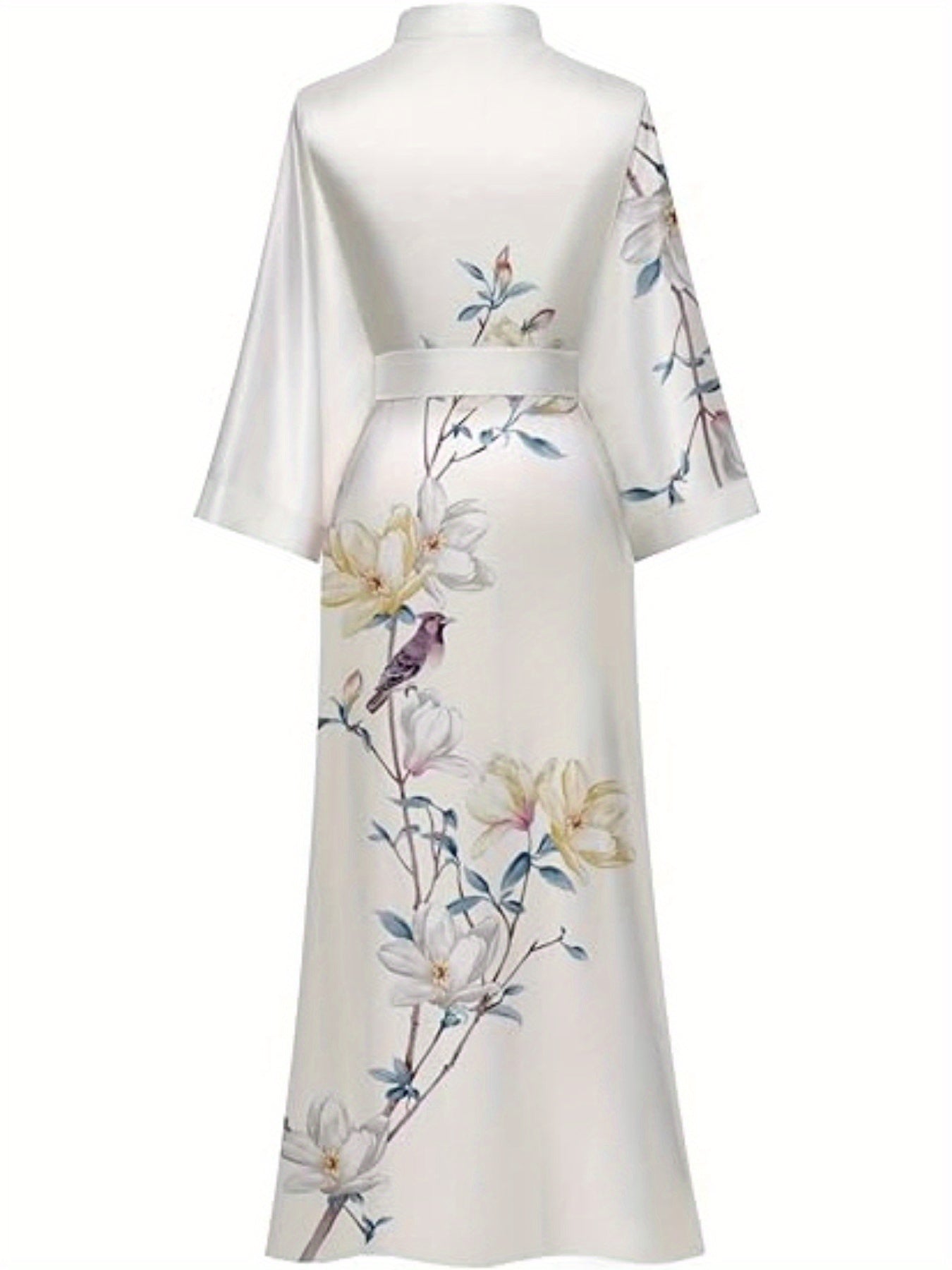 Luxurious Long Silk Kimono Robe - Soft Polyester V-Neck Casual Dressing Gown with Floral Print - Hand Wash Only, Perfect for Wedding, Bridesmaid, Sleepwear, and All-Season Use