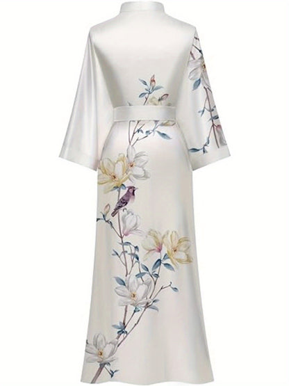 Luxurious Long Silk Kimono Robe - Soft Polyester V-Neck Casual Dressing Gown with Floral Print - Hand Wash Only, Perfect for Wedding, Bridesmaid, Sleepwear, and All-Season Use