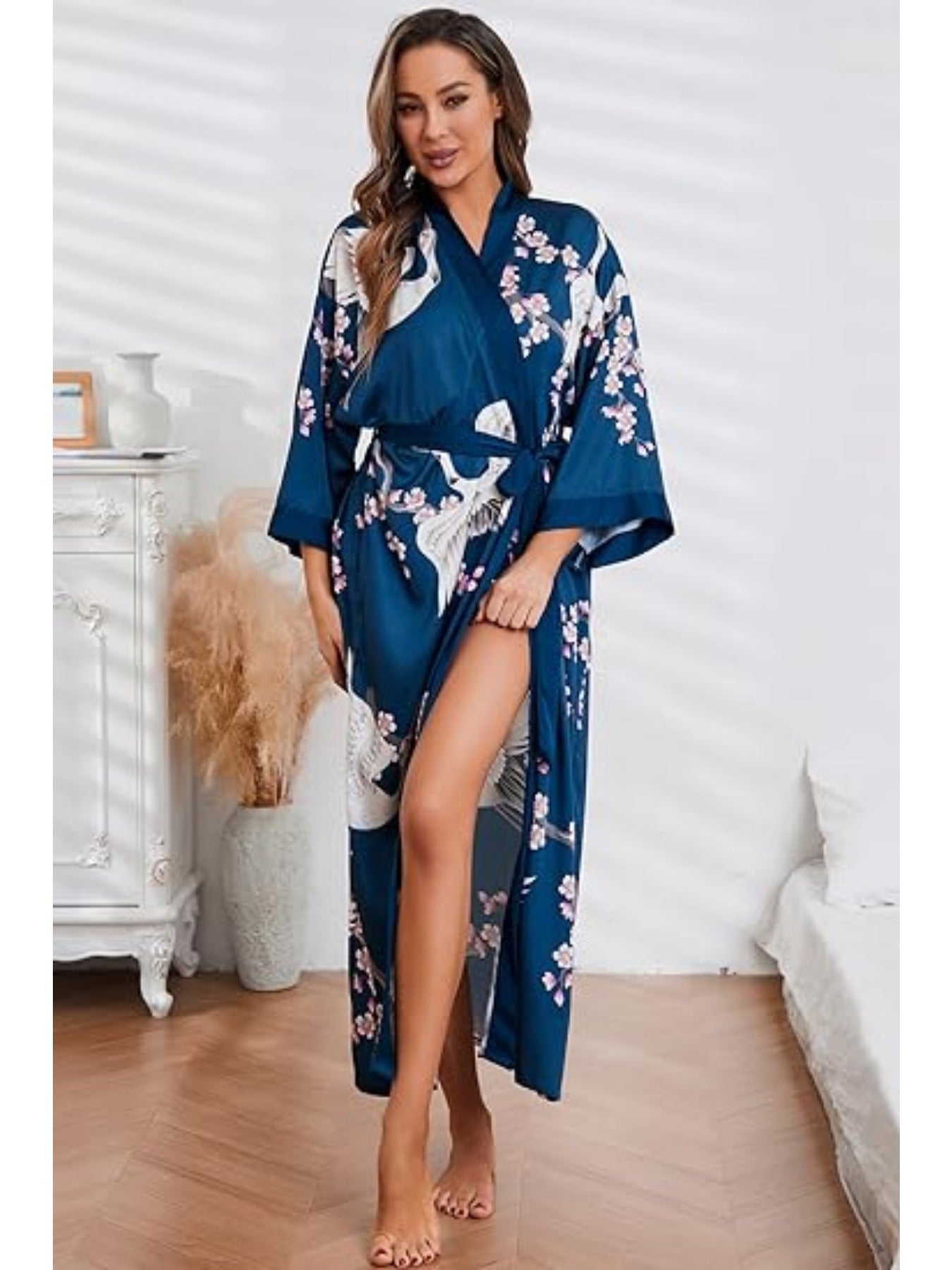 Luxurious Long Silk Kimono Robe - Soft Polyester V-Neck Casual Dressing Gown with Floral Print - Hand Wash Only, Perfect for Wedding, Bridesmaid, Sleepwear, and All-Season Use