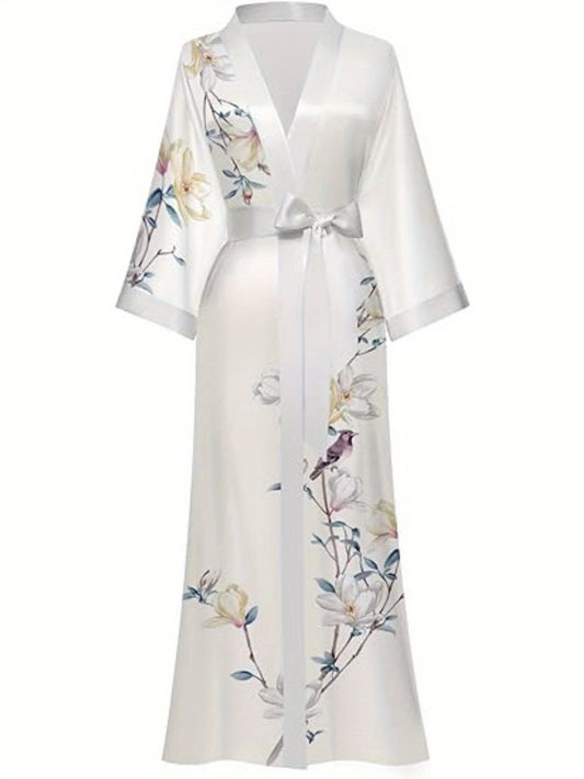 Luxurious Long Silk Kimono Robe - Soft Polyester V-Neck Casual Dressing Gown with Floral Print - Hand Wash Only, Perfect for Wedding, Bridesmaid, Sleepwear, and All-Season Use