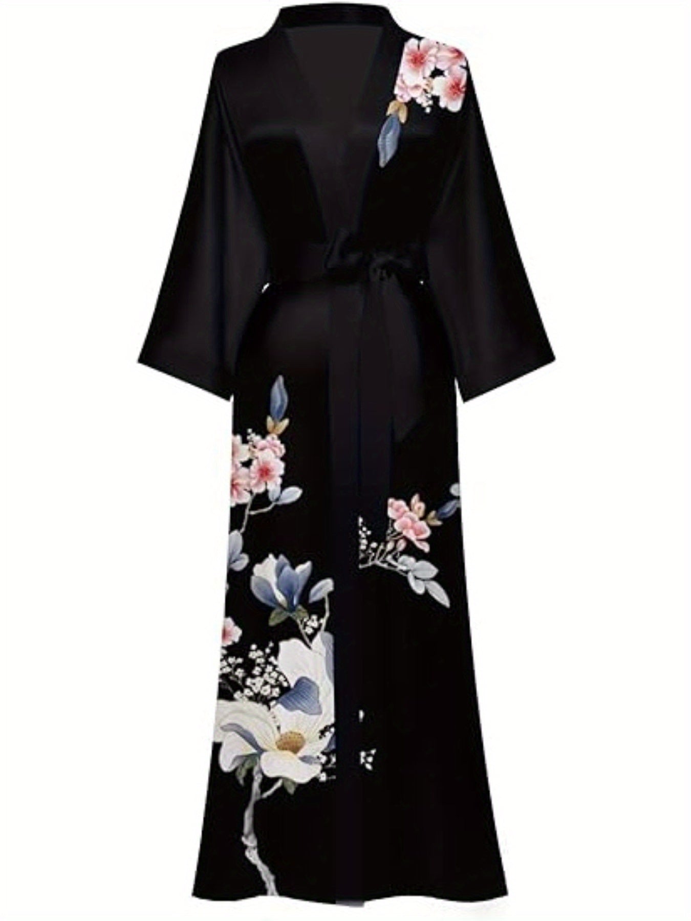 Luxurious Long Silk Kimono Robe - Soft Polyester V-Neck Casual Dressing Gown with Floral Print - Hand Wash Only, Perfect for Wedding, Bridesmaid, Sleepwear, and All-Season Use