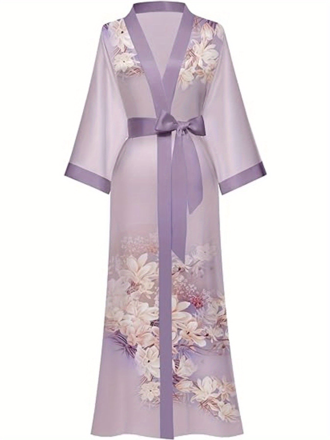 Luxurious Long Silk Kimono Robe - Soft Polyester V-Neck Casual Dressing Gown with Floral Print - Hand Wash Only, Perfect for Wedding, Bridesmaid, Sleepwear, and All-Season Use