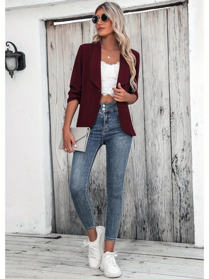 Solid Color Open Front Blazer, Casual Lapel Neck Single Breasted 3/4 Sleeve Blazer For Spring & Fall, Women's Clothing