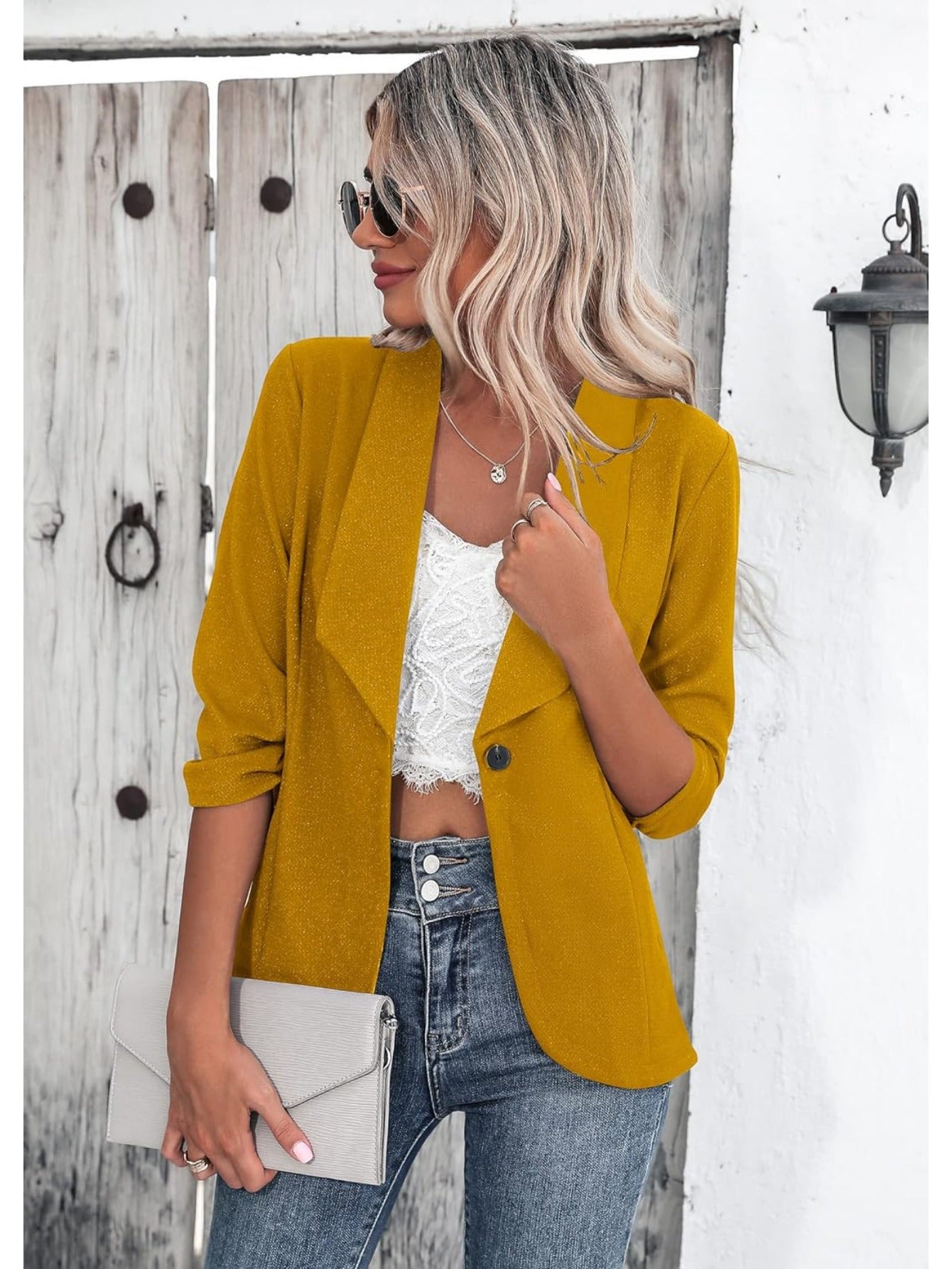 Solid Color Open Front Blazer, Casual Lapel Neck Single Breasted 3/4 Sleeve Blazer For Spring & Fall, Women's Clothing