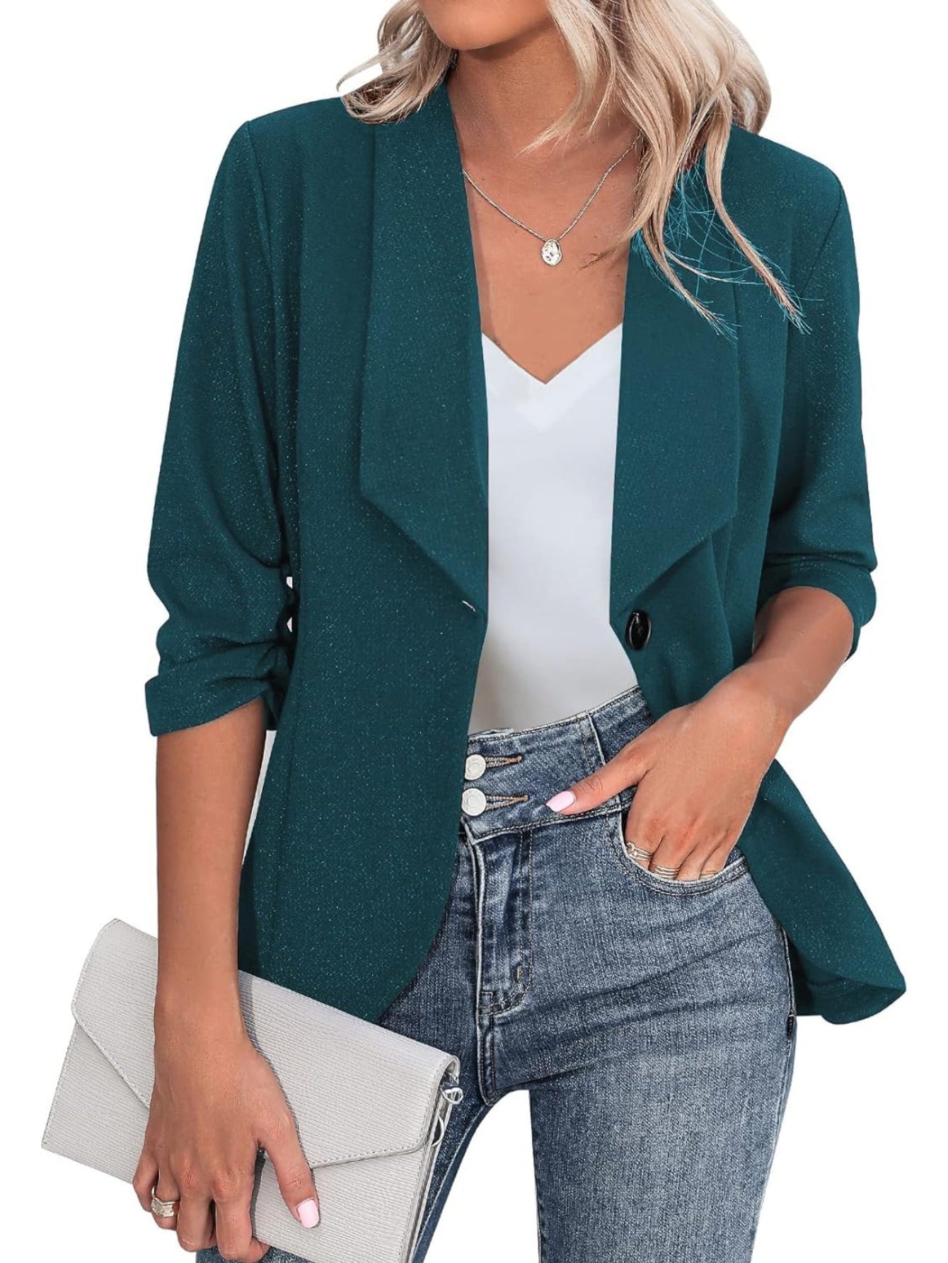 Solid Color Open Front Blazer, Casual Lapel Neck Single Breasted 3/4 Sleeve Blazer For Spring & Fall, Women's Clothing