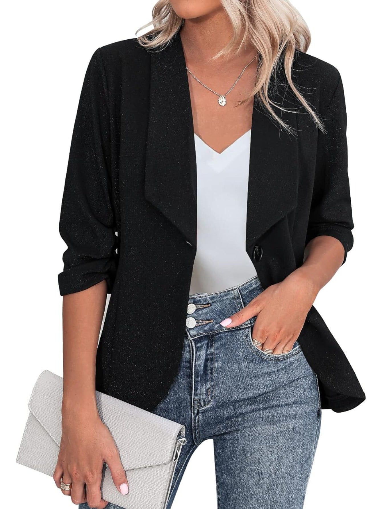 Solid Color Open Front Blazer, Casual Lapel Neck Single Breasted 3/4 Sleeve Blazer For Spring & Fall, Women's Clothing